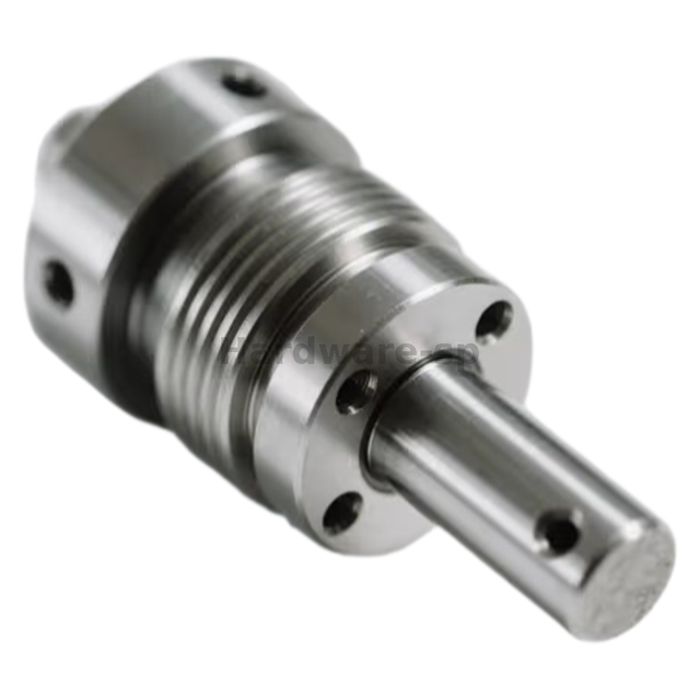1."Close-up of CNC lathe machining a stainless steel shaft with precision threading"